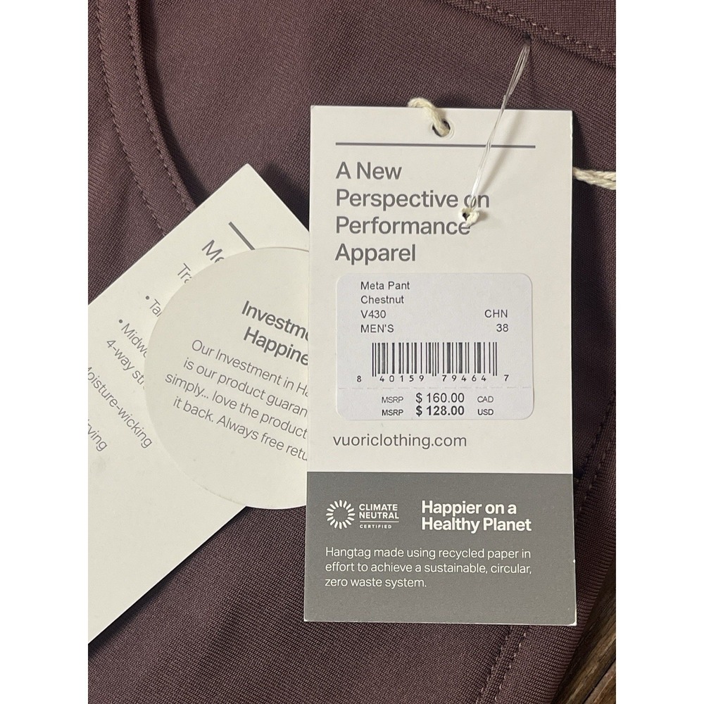 Vuori Meta Performance Chino Pants Mens 38X32 Chestnut Mauve 4way Stretch New - Picture 8 of 8